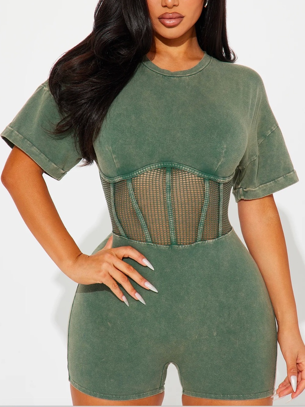NWOT Fashion Nova Acid Wash Olive Green T-shirt Romper with Cutout Corset Waist